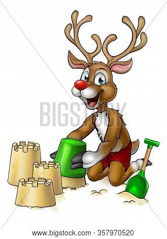 Christmas Santa Clauss Red Nosed Reindeer Cartoon Character Playing On A Beach Making Sandcastles