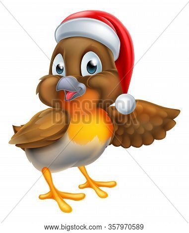 Cartoon Robin Bird In Christmas Santa Claus Hat Pointing With Wing