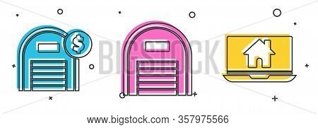 Set Warehouse With Dollar Symbol, Warehouse And Laptop And Smart Home Icon. Vector
