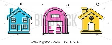Set Home Symbol, Warehouse And House Icon. Vector