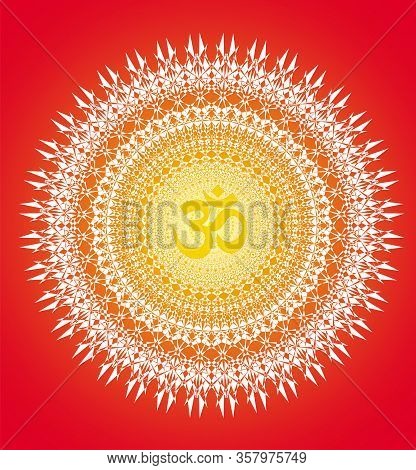 Сircle Openwork Mandala. White On A  Red Backgrounds. Sign Aum / Om / Ohm In Center. Spiritual Esote