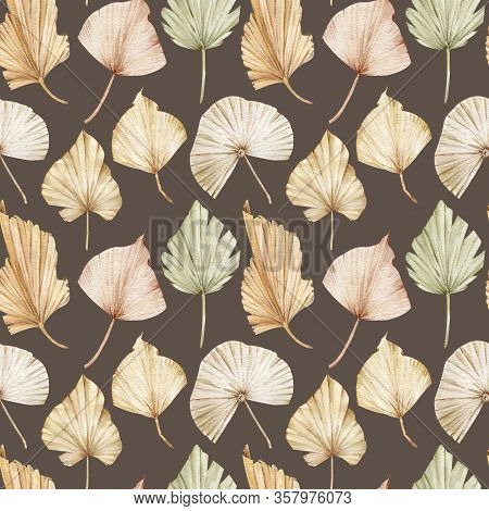 Watercolor Seamless Pattern Of Beige And Creamy Palm Leaves. Exotic Golden Blush Background. Tropica
