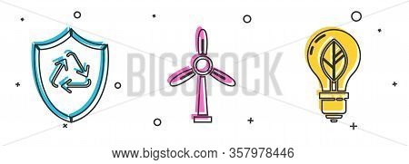 Set Recycle Symbol Inside Shield, Wind Turbine And Light Bulb With Leaf Icon. Vector