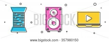 Set Sewing Thread On Spool, Stereo Speaker And Online Play Video Icon. Vector