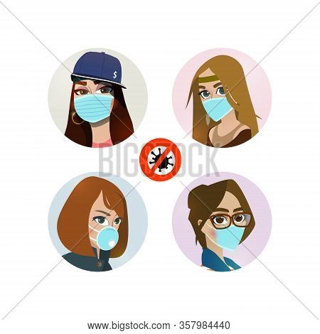 Set Of Girls In Protective Masks. Prevention Of A Virus Disease.
