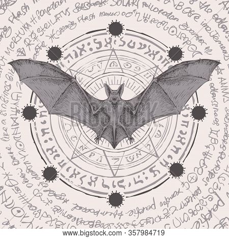 Hand-drawn Vector Banner On The Theme Of Coronavirus With Scare Bat, Viral Cells And Magic Runes. My