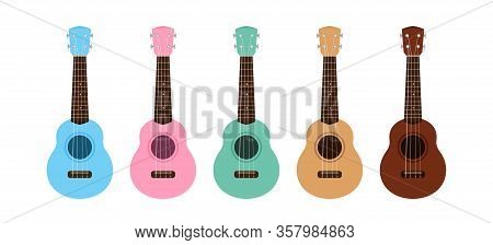 Ukulele Cute Collection Isolated On White, Small Ukelele Pastel Color For Flat Icon, Realistic Ukele