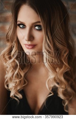 Portrait Of Young Woman With Blond Hair And Perfect Trendy Makeup. Beautiful Blonde Model Girl With 