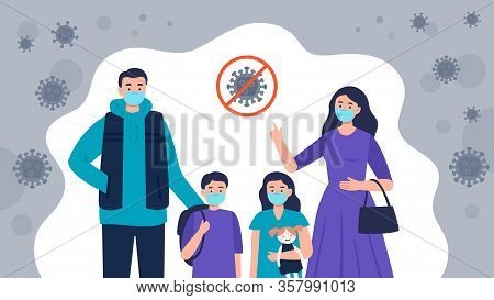Family Wearing Protective Medical Masks To Prevent Virus Covid-19. Mom Told Kids How To Protect A Vi