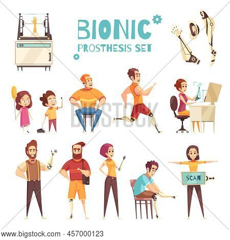 Active People With Bionic Protheses Cartoon Icons Collection With Adults And Kids With Replaced Limb