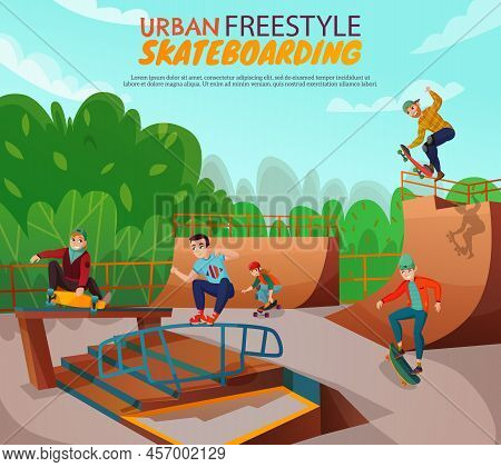 Urban Skateboarding Background With Group Of Teenage Boys Training In Freestyle On Skate Ramp Cartoo