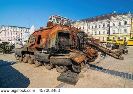Captured Russian Self-propelled Artillery Destroyed During Russian Invasion Of Ukraine In 2022. Down