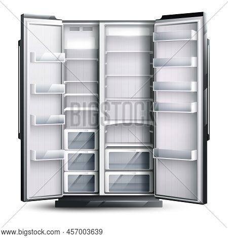 Refrigerator Organization Monochrome Design Concept With Opened Empty Wider Fridge On White Backgrou