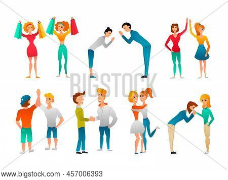 Bode Language Hand Gestures Flat Characters Collection Of People Meeting Greeting Hugging Each Other