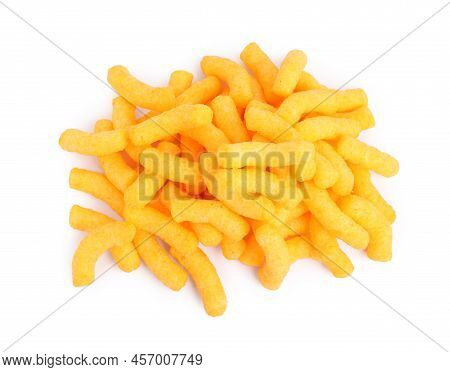 Many Tasty Cheesy Corn Puffs Isolated On White, Top View