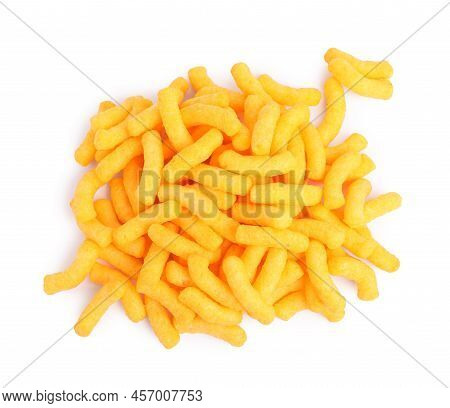 Many Tasty Cheesy Corn Puffs Isolated On White, Top View