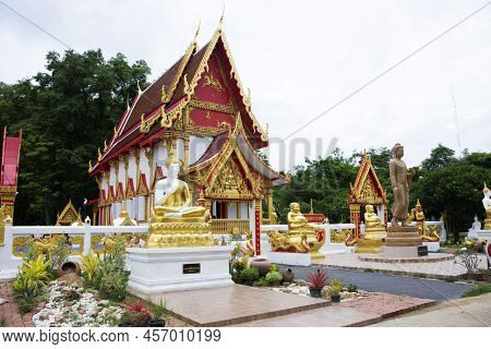Ancient Ubosot And Ruin Stupa Or Chedi And Antique Buddha Statue For Thai People Travel Visit Prayin