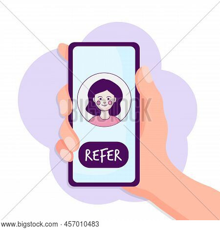 Referral Program Concept. Hand Holding Phone. Business Partnership Strategy With Group Of People. Ne
