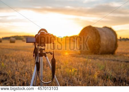 Camera On A Tripod Prepared For Making Photos In The Late Summer Field With Many Straw Balls On It D
