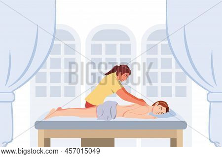 Relaxed Woman Getting Back Massage In Spa With Professional Massage Therapist. Wellness, Cartoon Cha