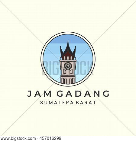 Jam Gadang With Vintage And Emblem Style Logo Icon Template Design. Landmark, Tower, Clock, Bukit Ti
