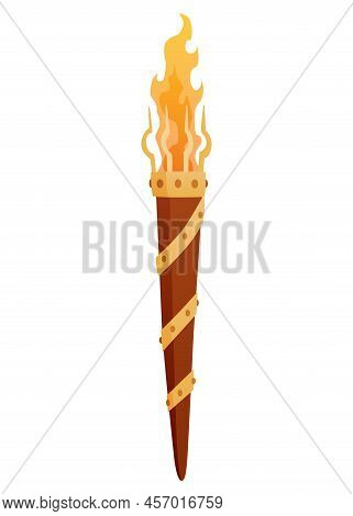 Medieval Torch With Burning Fire. Ancient Realistic Wooden Torch With Flame. Cartoon Game Element Ve