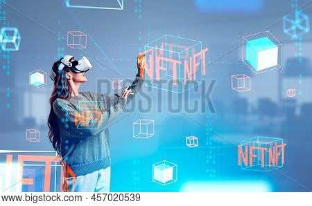 Businesswoman In Vr Headset, Smiling And Hands Touch Digital Nft Data Blocks Hologram, Binary And Bl