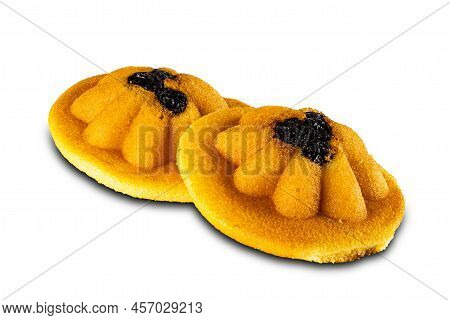 Closeup Of Castella Cake Isolated On White Background With Clipping Path. Round Shape Sweet Castella