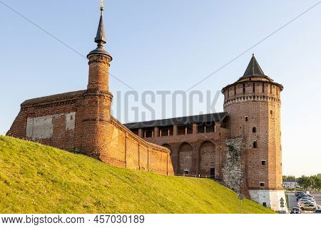 Ancient Citadel Wall On Green Hill And Marinkina Tower Of Kolomna Kremlin In Old Kolomna City At Sum