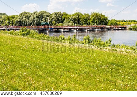 View Of Bobrenevsky Pedestrian Movable Pontoon Bridge Across Moskva River In Kolomna City On Sunny S