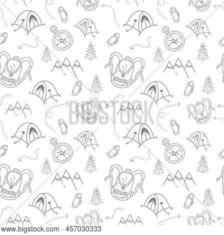 Travel Pattern With Compass Tent Coffee Pot Christmas Tree. Vector Illustration