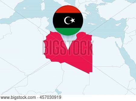 Africa With Selected Libya Map And Libya Flag Icon. Vector Map And Flag.