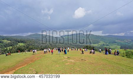 Ooty,tamilnadu,india-june 04 2022:tourists Enjoying Beautiful Wenlock Downs 9Th Mile Shooting Point.