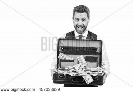Surprised Businessman With Money Case Isolated On White Background, Copy Space, Investment.