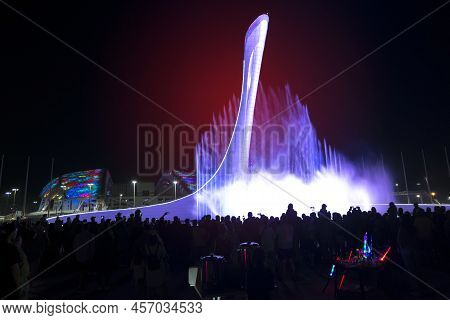 Evening Show Of Singing Fountains In The Olympic Park Sochi.