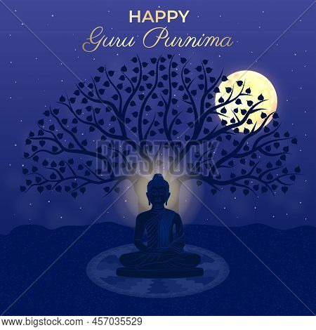 Happy Guru Purnima Gautama Buddha, Bodhi Tree, Moon, Night Sky, Silhouette, Stars, Mandala. Traditio