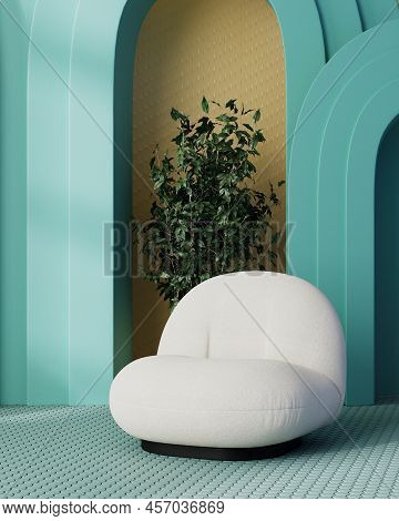 Interior With White Armchair, Blue Arches And Yellow Wall, 3d Rendering