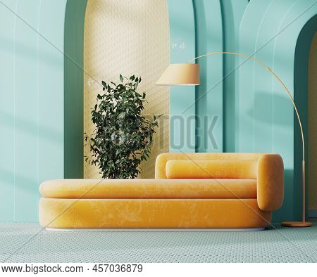 Modern Colorful Interior Of Lounge Zone With Orange Sofa With Floor Lamp, Yellow Wall And Blue Arche