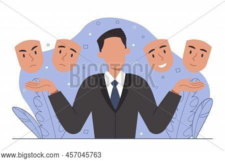 Man Choosing Mood. Guy Hides Emotions, Businessman Or Entrepreneur With Different Masks, Various Exp