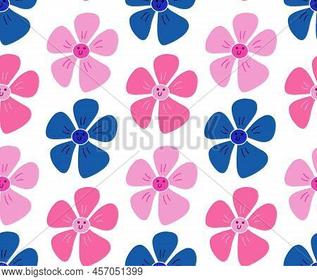 Cute Y2k Floral Seamless Pattern Background With Daisy Flower Smile Face. Pink And Blue Smiling Flow
