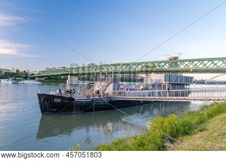 Bratislava, Slovakia - May 31, 2022: Nice View On Brcko Ship And Stary Most (old Bridge) Over Danube