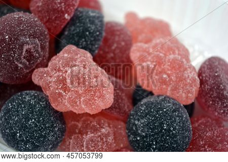 Bright Cherry, Red, Purple, Pink, Delicious Candies In The Form Of Fruits, Currants, Grapes, Raspber