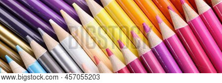 Top View Of Big Assortment Of Colourful Pencils Placed Over Each Other. Sharp Tips Of Crayons, Ready