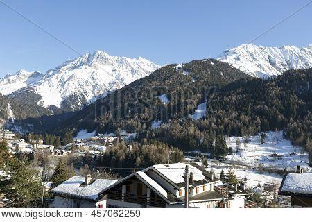 Ponte Di Legno, Italy - February 20, 2021: View Of Ponte Di Legno And Mountains
