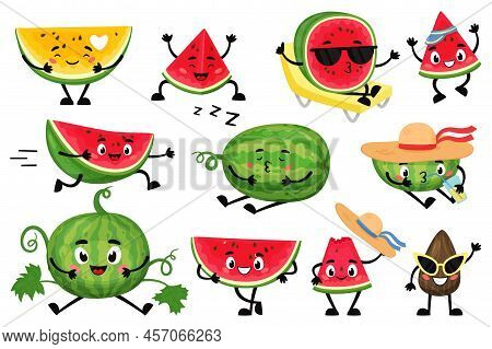 Cartoon Watermelon Characters. Funny Juicy Fruit With Cute Faces, Hands And Feet, Smiling Summer Ber