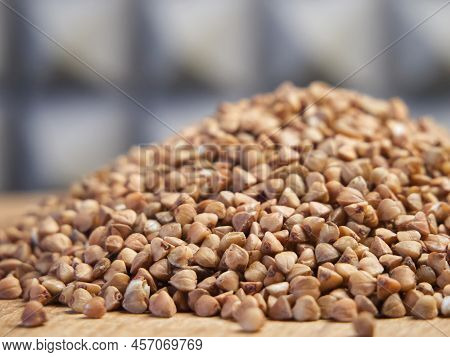 Pile Of Buckwheat, Side View. Buckwheat Macro. Buckwheat For Porridge.