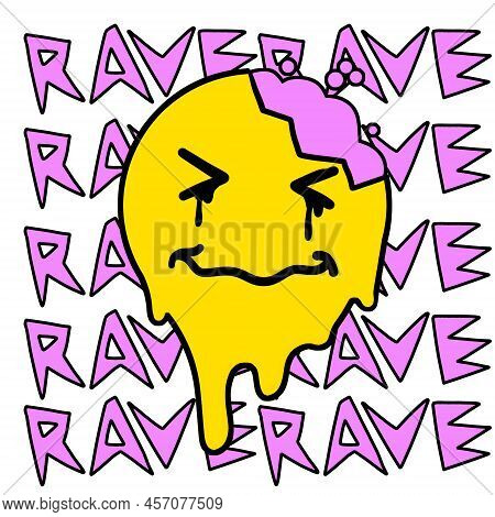 Yellow Smile Face On Background Of Rave Text. Poster For 90s Techno Party. Cartoon Illustration