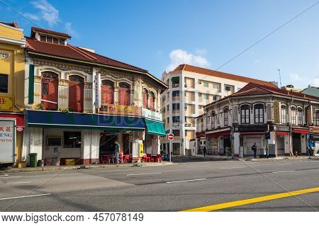 Singapore - 21 February, 2020: Panoramic View Of Historic Buildings In Geylang District Of Singapore