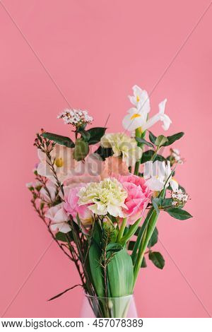 Beautiful Bouquet Of Carnations, Daffodils, Spray Roses, Chamelacium Hookata And White Irises On Pin