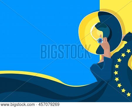 Girl On The Background Of The Flag Of Ukraine. Banner, Symbol, Poster, Style. Vector